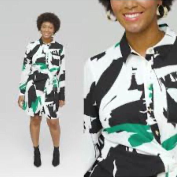 Worthington Dresses & Skirts - WORTHINGTON | Collar Shirt Dress Tie Waist Button Down Green Black White | Small